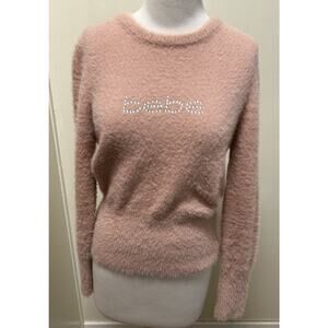 Y2K Bebe Women's Embellished Logo Pink Fuzzy Long Sleeve Sweater - Size M